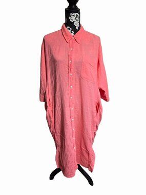 Universal Thread Pink Coral Button Front Shirt Dress L 100% Cotton Dolman Sleeve